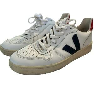 Veja White Sneakers with Navy V Logo and Red Heel Accent Size 10 M